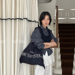 TTOO VOUIS休闲知性文艺风毛织外传背心细格纹长袖衬衫两件套女