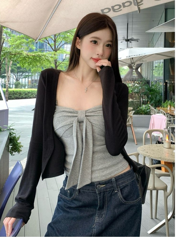 韩系黑色针织外套女早秋季2025新款开衫配抹胸吊带上衣套装|undefined