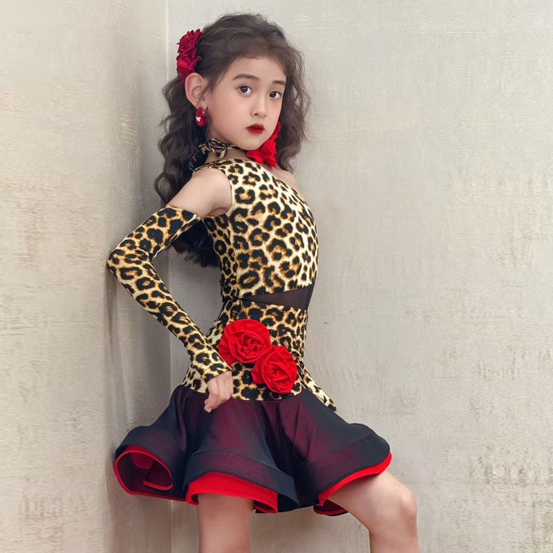 FAZ 新しい子供用ラテンダンス服ヒョウ柄メッシュ練習服女の子ハイエンドトレーニングパフォーマンス練習服|undefined