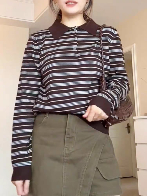 法式撞色条纹polo领长袖上衣女秋季新款洋气高级感百搭休闲上衣|undefined