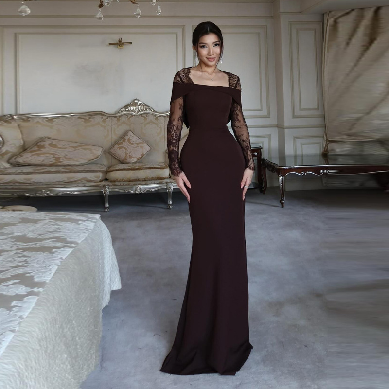 European and American Cross-Border 2026 Summer New Lace Patchwork Square-Neck Ultra-Long Dress Slim-Fit Evening Gown for Women