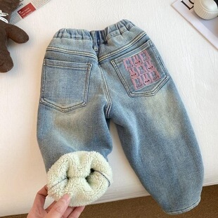 Girls' Jeans Winter Thickeneded Velvet 2024 New All-In-One Velvet Lamb Velvet Baby Girl's Autumn and Winter Kidsren's Pants
