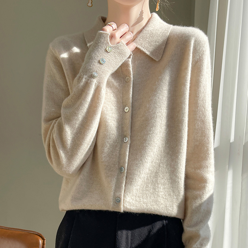 Autumn and Winter Polo Collar Cardigan Women's 100% Pure Wool New Knitted Shirt Top Classy Bottoming Sweater Jacket