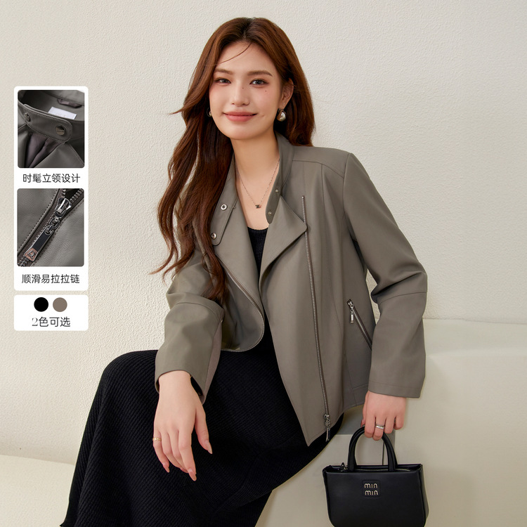 Fiber Show Large Size Women's Fashion Fashionable Motorcycle Jacket Leather Jacket Personalized Stand Collar Jacket Fat mm2024 Autumn New Style