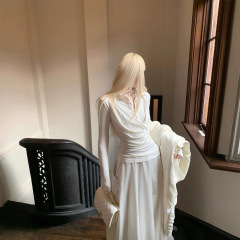 辣妹纯欲假两件荡领T恤女春季设计感收腰打底衫内搭修身气质上衣