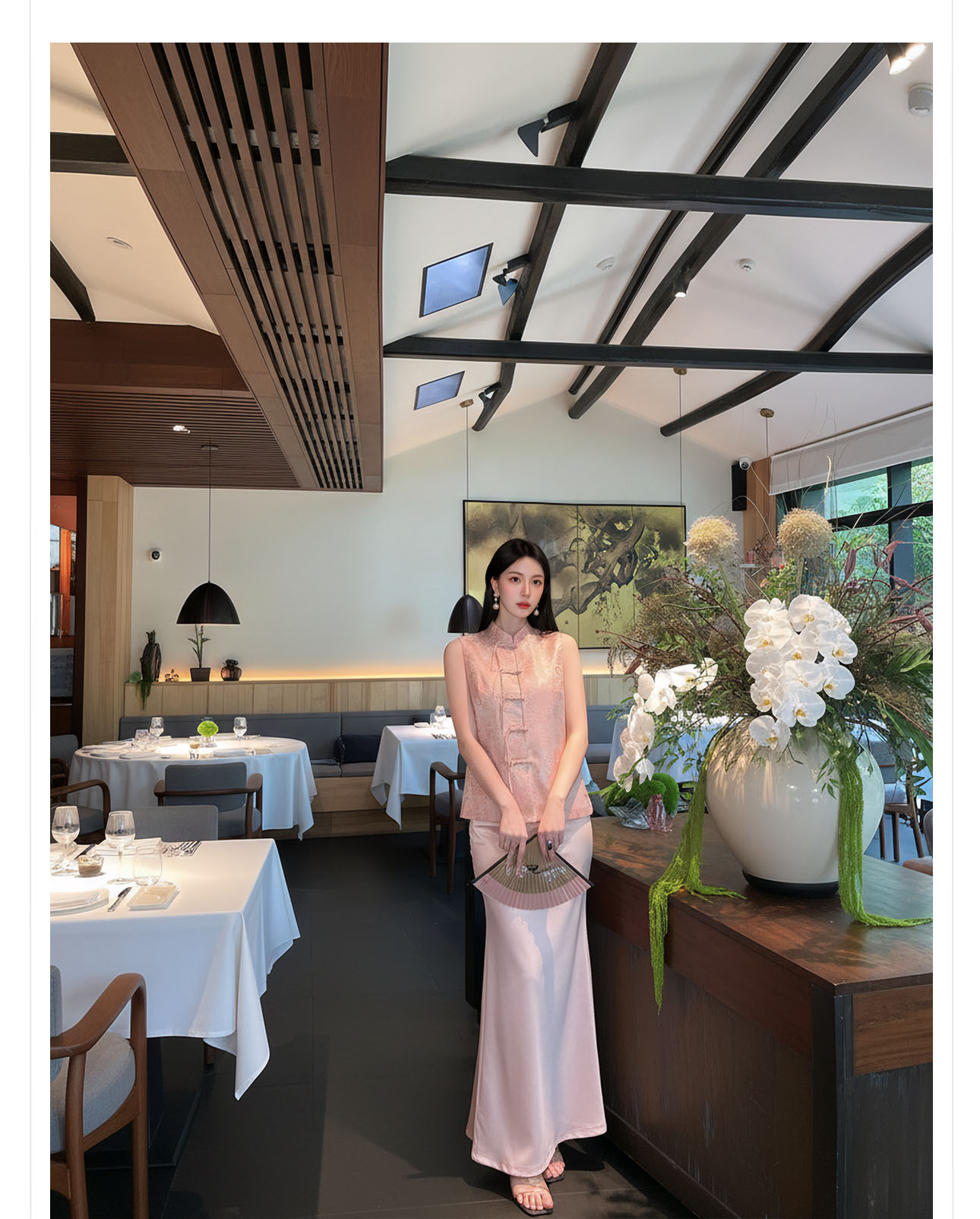 Bộ áo gi lê thêu mèo phong cách Tân Trung Hoa kết hợp chân váy trơn nữ — Áo gi lê màu hồng, Chân váy hồng chi tiết 6