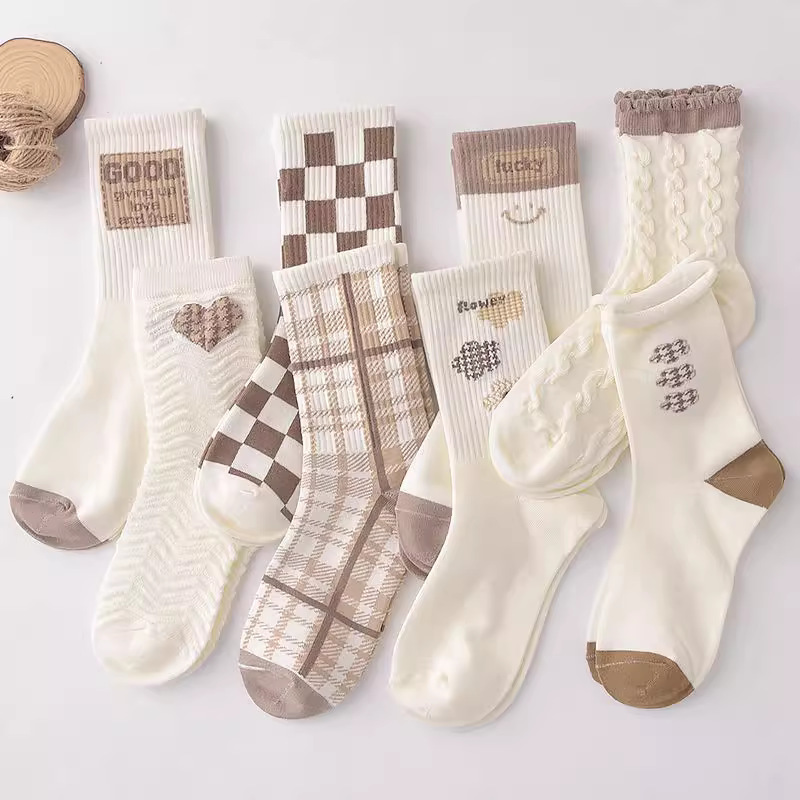 Women's Socks, Spring and Autumn Style, Plaid Mid-Calf Socks, Early Autumn, Odor-Resistant, Casual Cotton Socks, Versatile Color-Blocked Houndstooth Mid-Calf Socks