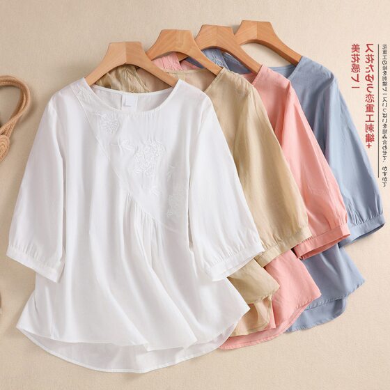 Plain Brocade Design Sense French Artistic Cotton and Linen Embroidered Round Neck T-shirt Women's Pullover Top 2024 New Style Lantern Sleeve Top