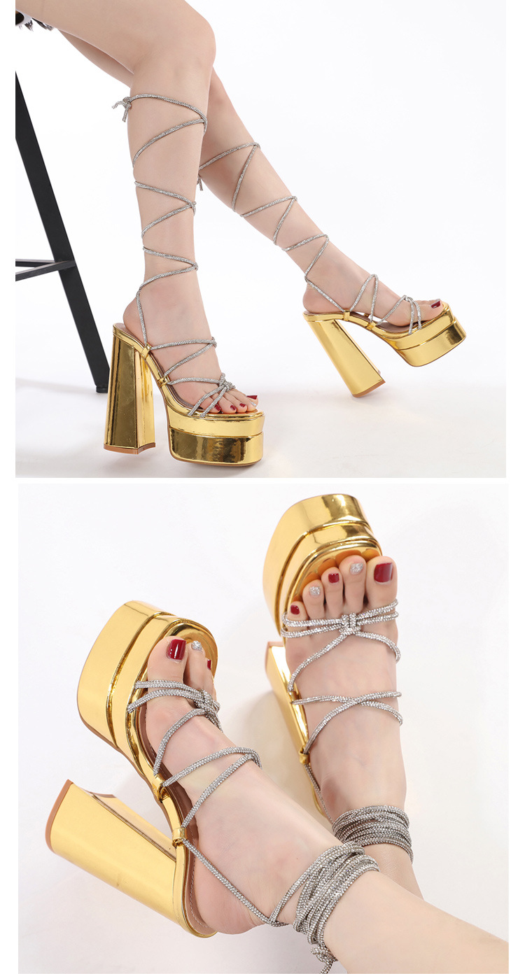 Dép sandal cao gót La Mã đính đá Rhinestone, quai dây buộc cỡ lớn — Màu đen chi tiết 7