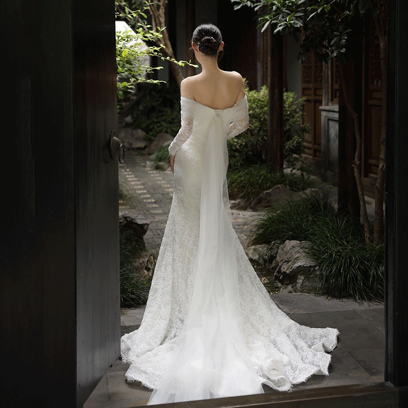 Women's Clothing lace long sleeved light wedding dress new bride one shoulder forest style out door yarn retro fishtail dress skirt_voghion.com