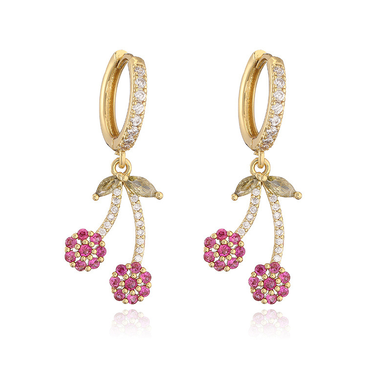 6g Weight Copper Ear Needle Material Zircon Inlay Material Charm Sleeper Hoop Earrings, Earrings Classification 1 Pair Quantity Holiday, Banquet, Daily Occasion Copper Material Cherry, Heart Shape Pattern Women's Gender Inlay Design Sweet Style 1 Pair Sweet Cherry Heart Shape Inlay Copper Zircon Earrings 7