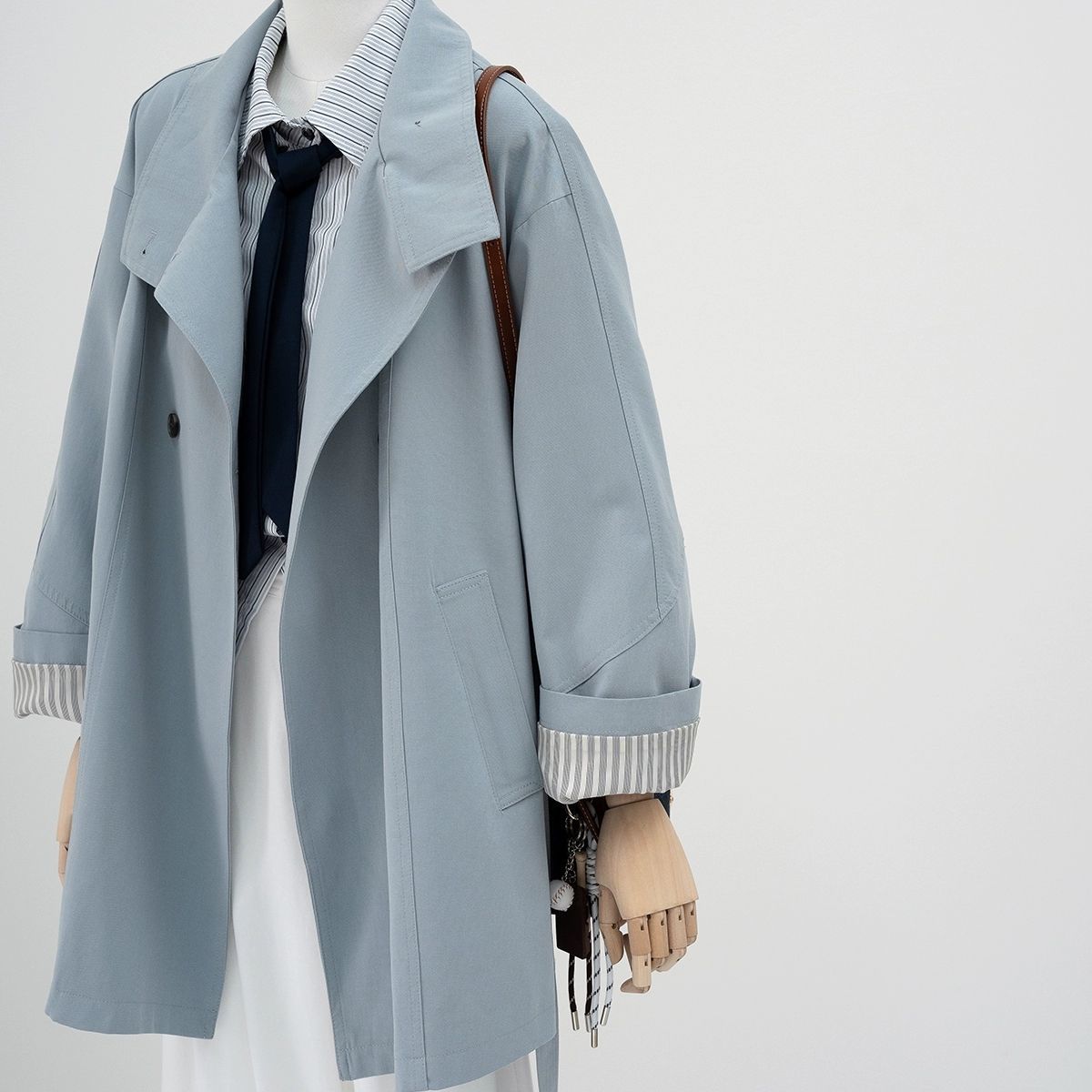 Blue Fashion Striped Sleeve Trench Coat for Women 2025 Spring New Design Stand Collar Loose Mid-Length Coat