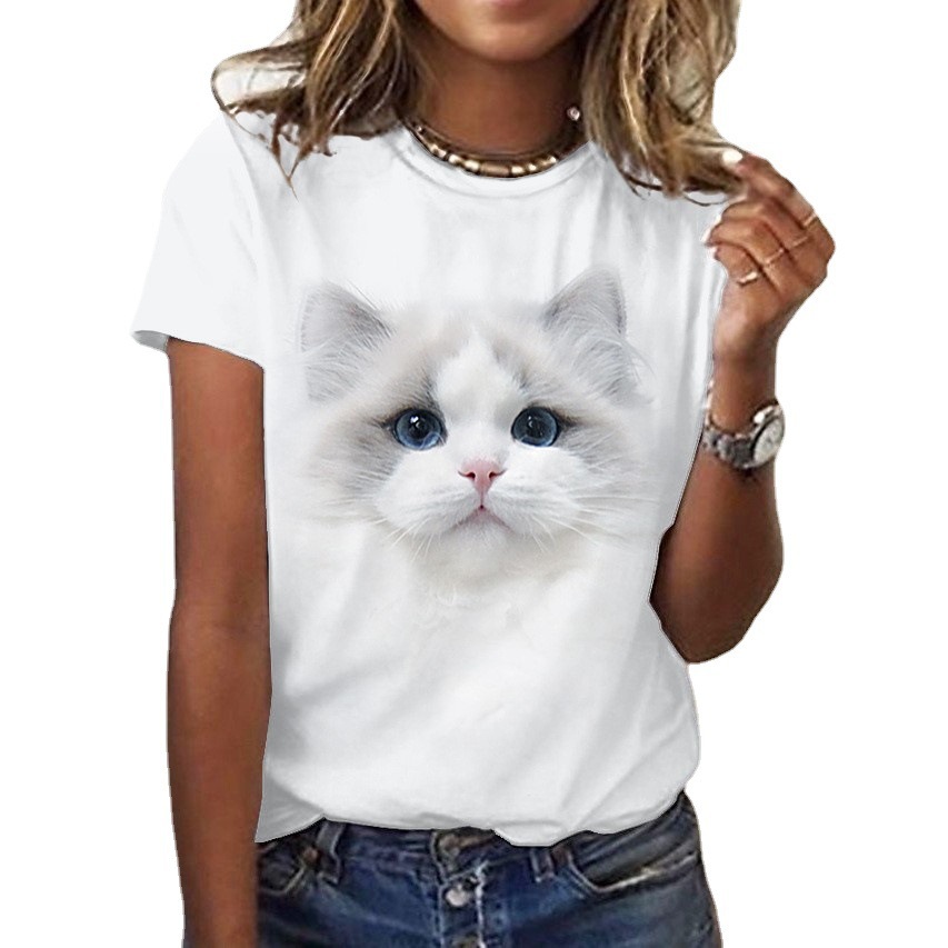 独立站亚马逊新款短袖3d立体猫卡通情侣潮牌女装T恤