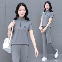 冰丝速干弹力时尚立领休闲运动套装女夏季中年妈妈装广场舞两件套