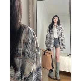 【专供东南亚】拼接美式复古格子宽松早春撞色防晒衬衫外套上衣女