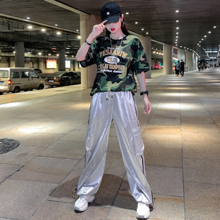 Real shot 2024 new jazz camouflage costume bright silver pants street dance fried super cool suit