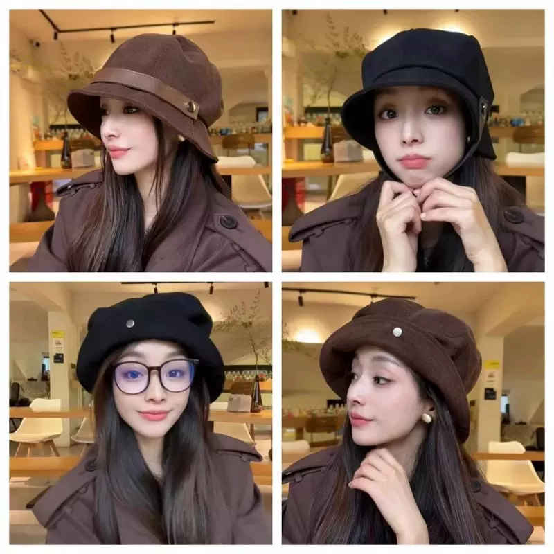 新款灯芯绒渔夫帽女高级感小礼帽显脸小秋冬帽子帽子女款贝雷帽
