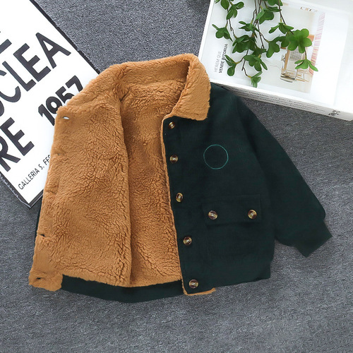 Boy's Corduroy Jacket  New Trendy Baby Thick Collarless Coat Winter Warm Fleece Top Children's Cotton Jacket