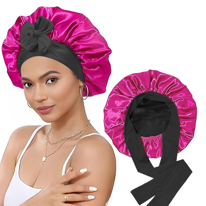 跨境双层色丁飘带睡帽蝴蝶结绑带头巾帽美容护发帽女双面戴bonnet|undefined