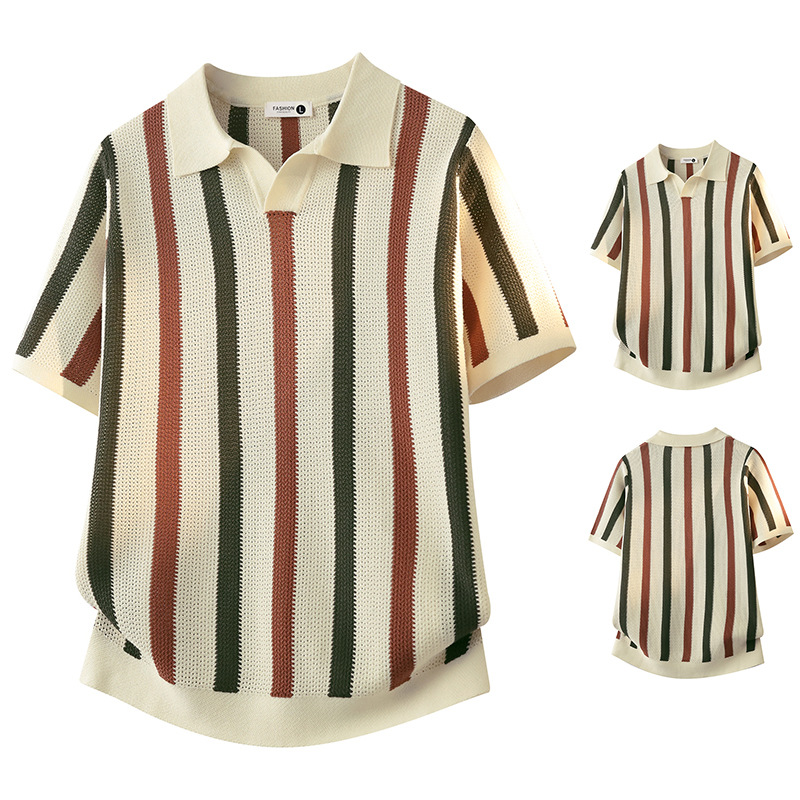Polo camiseta de punto camiseta de manga corta camiseta hombre gaviota cuello V rayas viejas líneas de viento de verano fábrica transfronteriza al por mayor