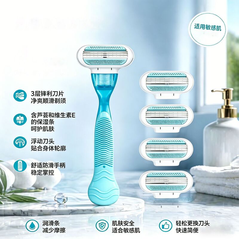 Blue long-handled manual women's razor with aloe vera lubrication, three-blade household hair trimmer for hair removal Blue long-handled manual women's razor with aloe vera lubrication, three-blade household hair trimmer for hair removal
