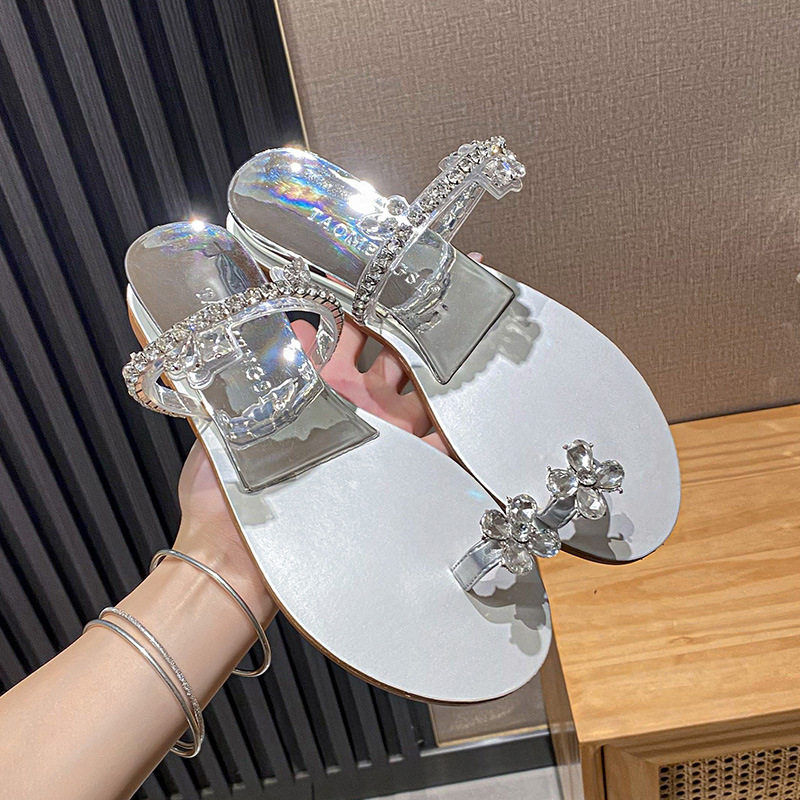 Dép sandal nữ xỏ ngón gót nêm đính đá hoa, quai ngang, đi ngoài trời — Màu bạc, Màu nude