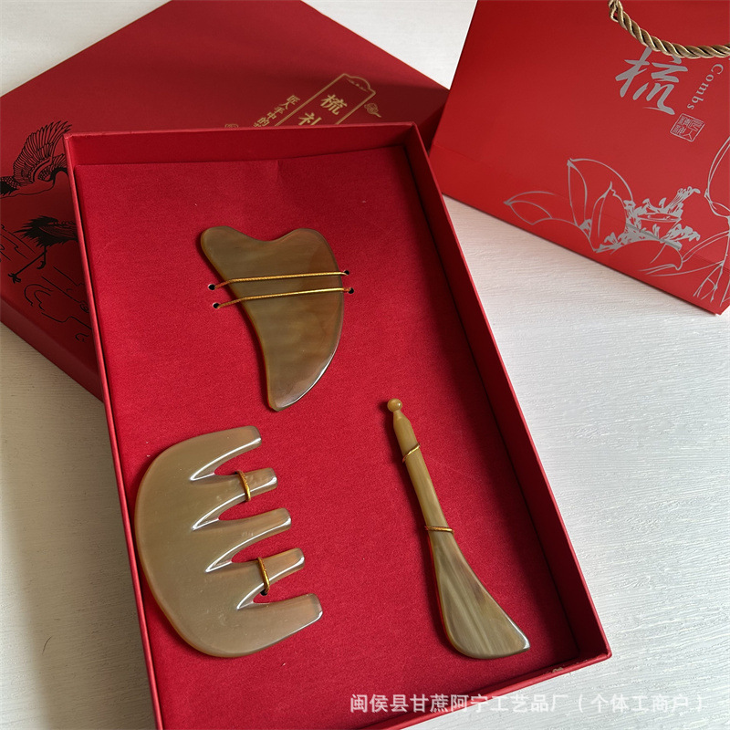 Horn Gua Sha Head Massage Tool Set 3 Piece Guasha Scraping Board for Scalp and Face Care Gift Box overview
