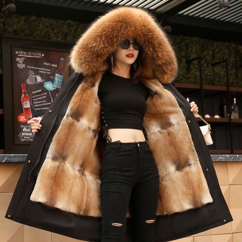 Parker clothes, women's imitation fur, mink fur, inner liner, raccoon fur collar, detachable medium and long over-the-knee coat, thickened outer