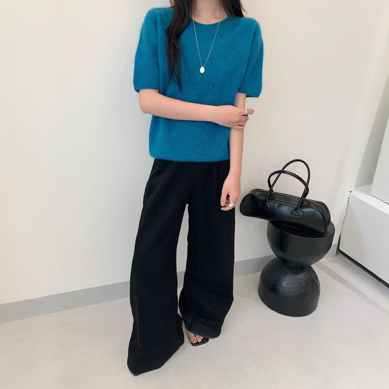 Wool Cashmere Blended Brushed Puyuan Source Manufacturer Round Neck Knitted Pullover Short Sleeves