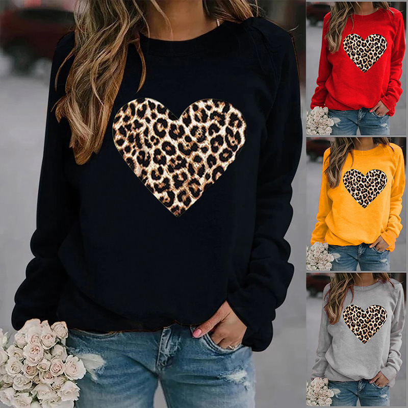 2025 Spring and Autumn New Amazon Wish Round Neck Women's Top Leopard Print Love Print Hoodless Velvet Long Sleeve Sweatshirt 2025 Spring and Autumn New Amazon Wish Round Neck Women's Top Leopard Print Love Print Hoodless Velvet Long Sleeve Sweatshirt