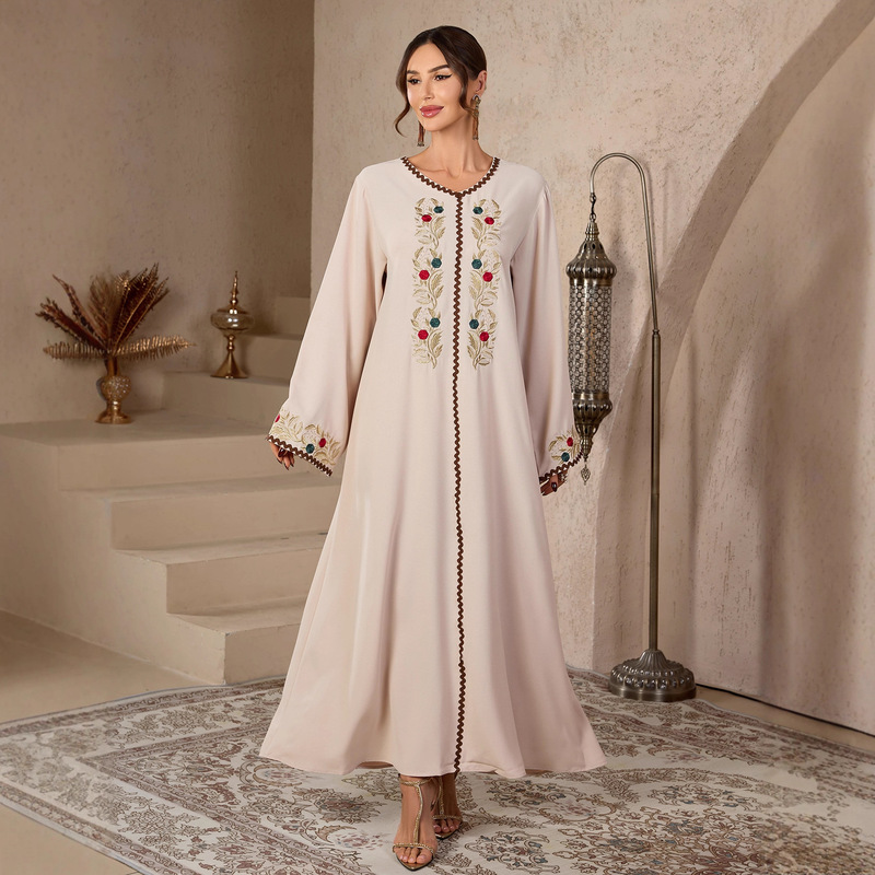 Robe with Gold Thread Embroidery and Ribbon, V-Neck, Fashionable and Elegant Dress Gown