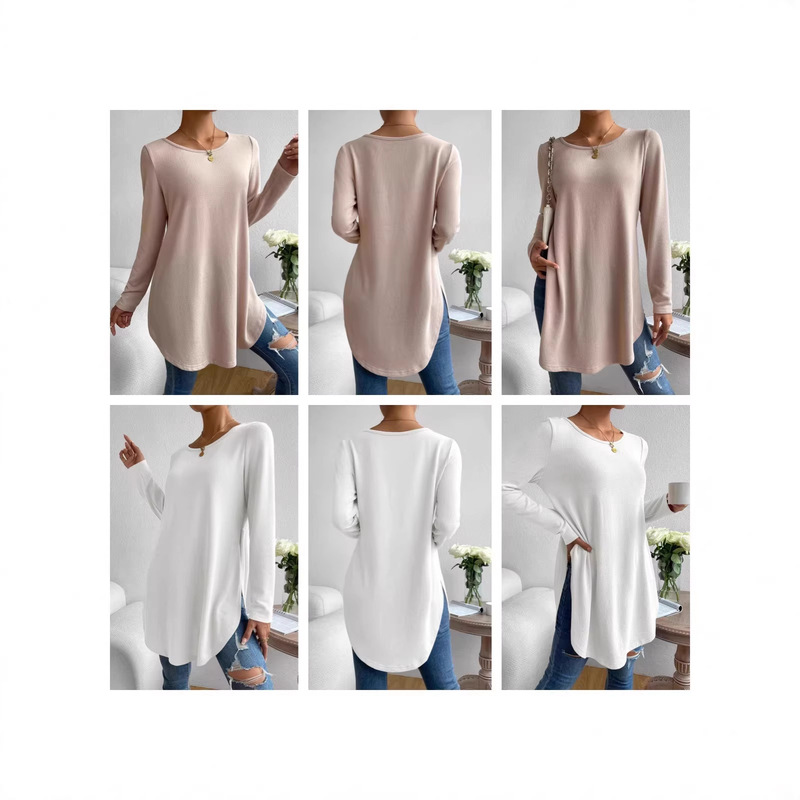 2026 New Model Cross-Border European and American Foreign Trade Hot-Selling Spring and Autumn Casual T-Shirt with Side Slits at the Hem, Solid Color, Round Neck, Long Sleeves 2026 New Model Cross-Border European and American Foreign Trade Hot-Selling Spring and Autumn Casual T-Shirt with Side Slits at the Hem, Solid Color, Round Neck, Long Sleeves