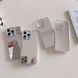 适用苹果IP16 ins高级电镀银色亚克力镜面手机套化妆镜子手机套壳