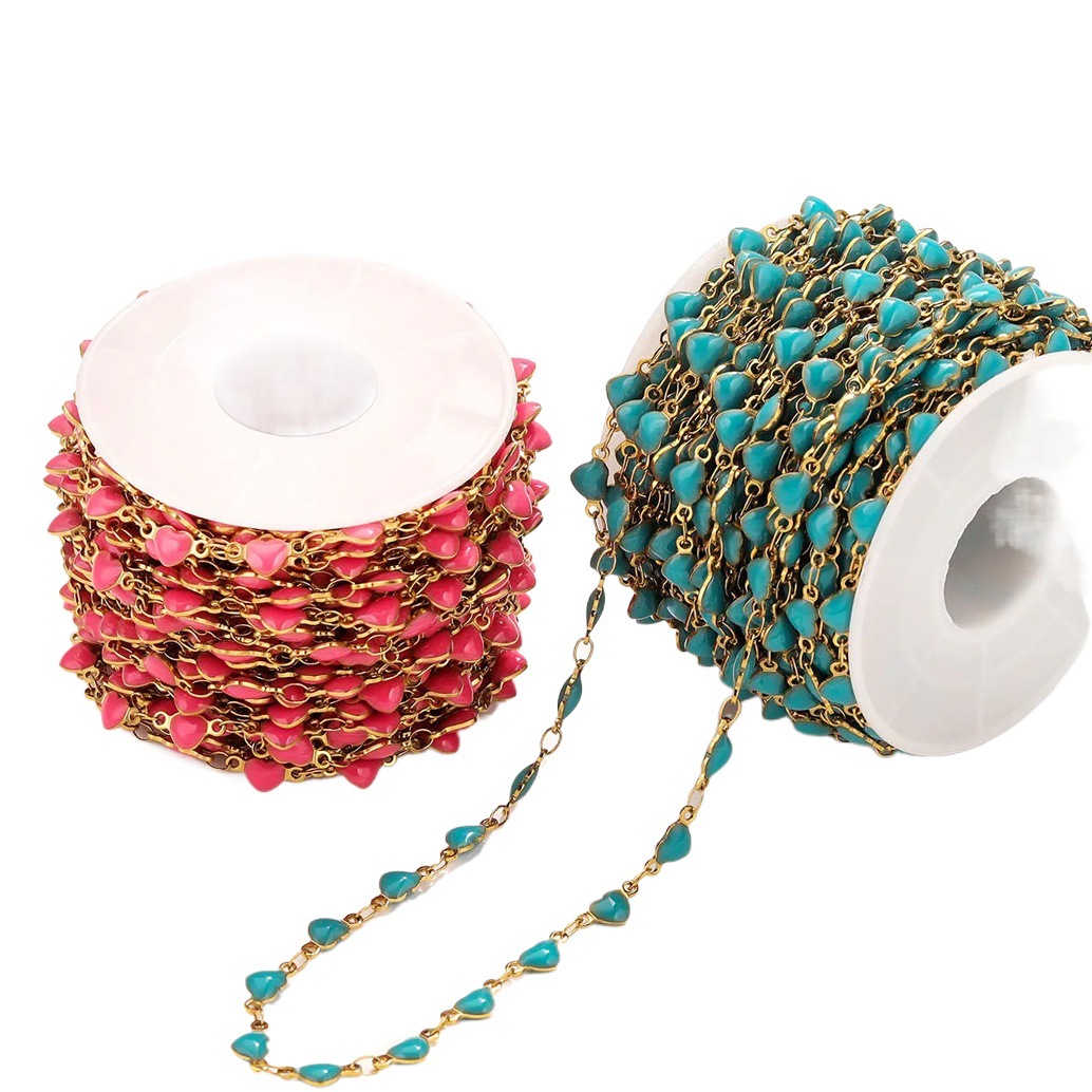 Cadena de esmalte europea y americana, cadena de aceite de gota de acero inoxidable con retención de color, cadena de corazón de melocotón de color, cadena de joyería de bricolaje, collar, pulsera, cadena