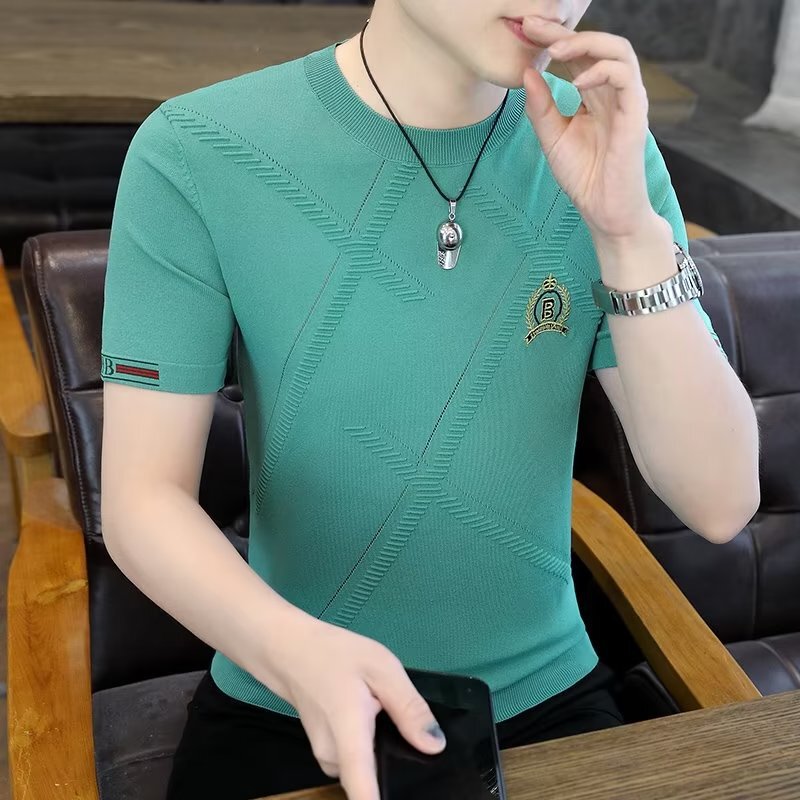 夏の男性の薄い半袖のtシャツの潮のブランドの新しい刺繍のニットの半袖の丸首の夏服の高級な男性のtシャツの上着|undefined