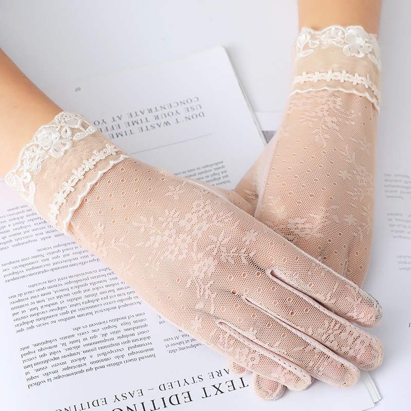 Guantes de protección solar para mujer primavera y verano guantes de pantalla táctil delgada de encaje conducción transpirable sombrilla guantes de equitación al aire libre