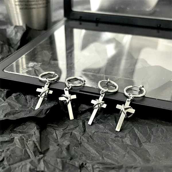 Bundled and Entwined Cross-Shaped Earrings for Men, Punk Thorn Ear Pendants, Ear Clips, Ear Studs, Hip-Hop High-End Earrings