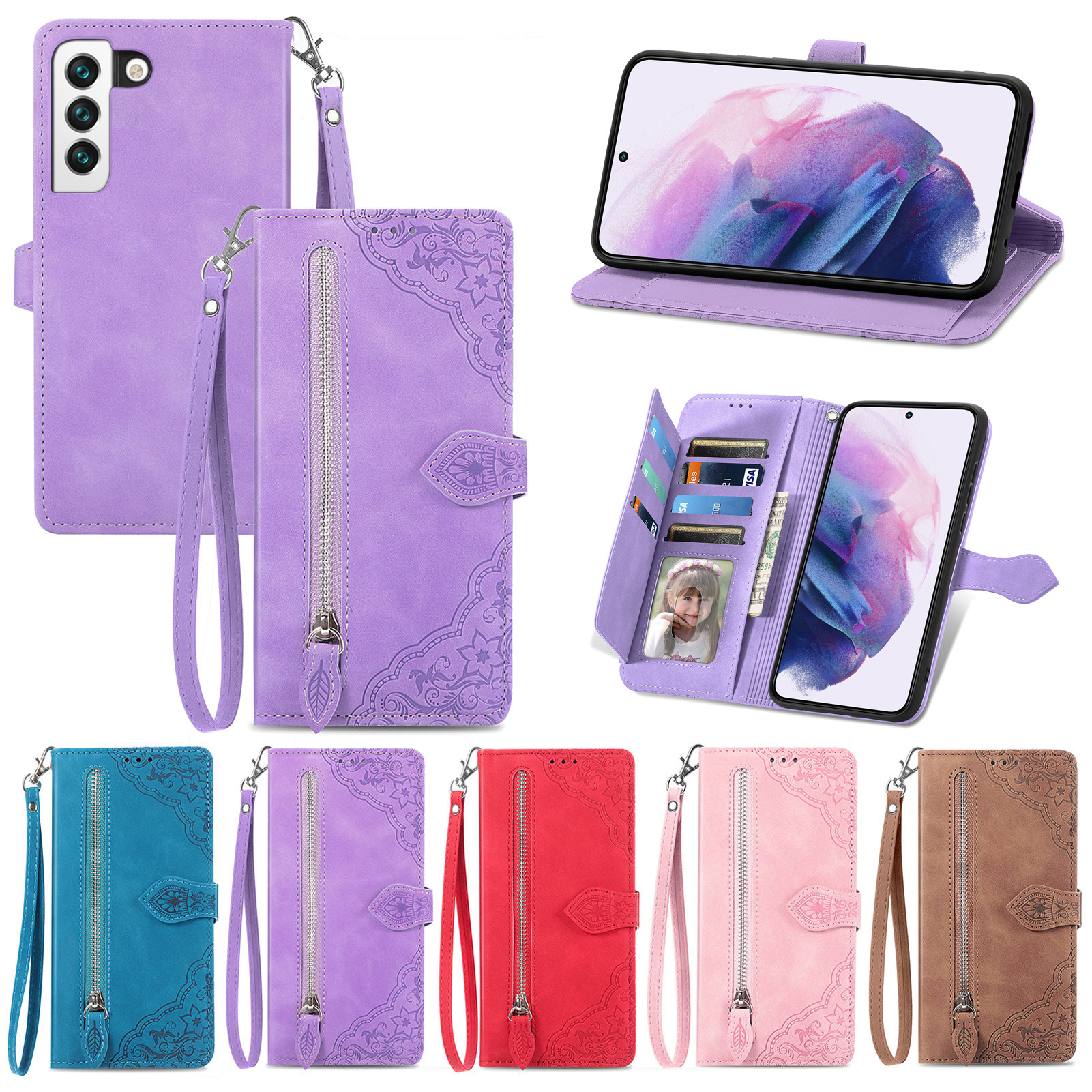 Suitable For Samsung S24 Zipper Bag Flip Phone Leather Case Embossed PULeather Samsung A15 Wallet Protective Cover