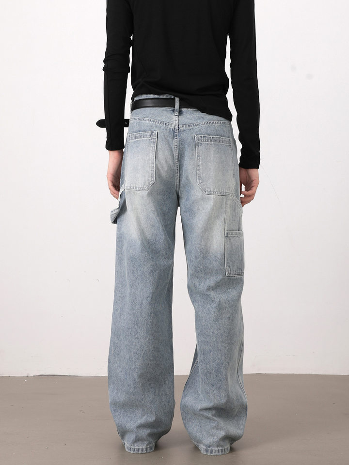 Quần jeans nam màu xanh nhạt dáng rộng ống đứng phong cách high street — Màu xanh dương