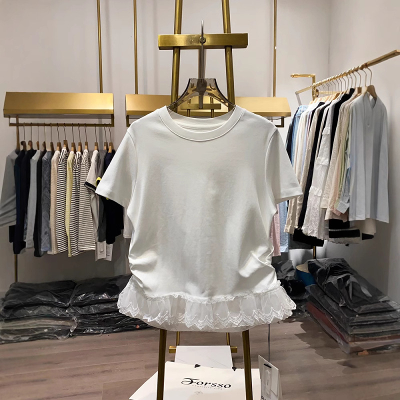 Lace hem stitching short sleeve round neck T-shirt women's Korean style sweet slim pleated design chic top