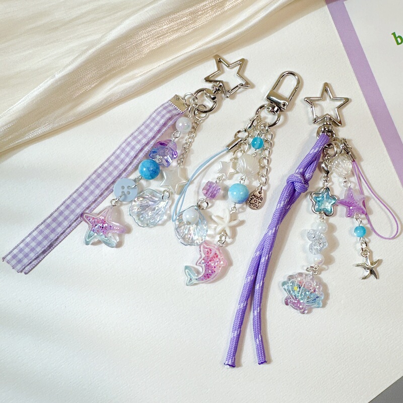 Cross-Border Style Versatile Hot Girl Purple Marine Life Beaded Keychain Bag Pendant Mobile Phone Chain Pendant