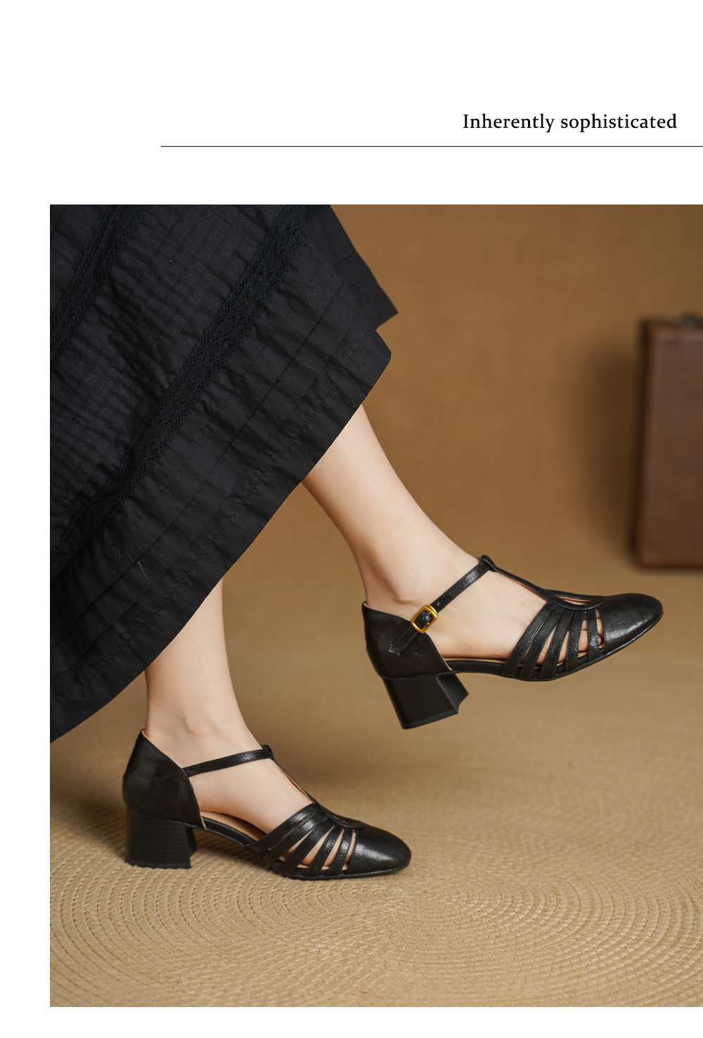 Sandal nữ da cừu bện quai chữ T mũi kín gót 4 cm — đen chi tiết 9