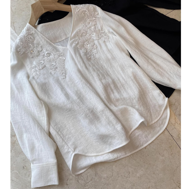 Only 1 batch!! Buy is to earn, tail single French heavy industry nail bead embroidery linen V-neck shirt jacket women