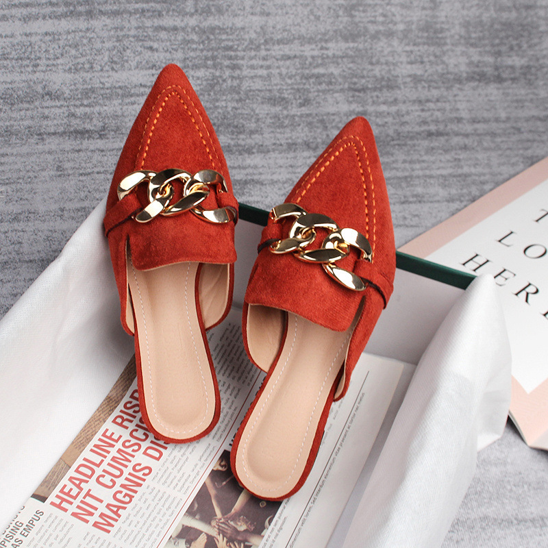 Flat half slippers women's spring and autumn new pointed metal chain Muller shoes 41-43 foreign trade shoes wholesale_voghion.com