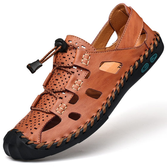 Middle-Aged Summer Genuine Leather Sandals for Men, Outdoor Workwear, Dad Casual Clogs, Non-Slip Large Size Toe-Toe Beach Shoes