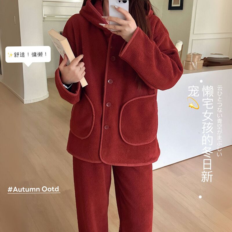 Z093 New Winter Women's Warm Velvet Hooded Pajamas Thickeneded Warm Zipper Outer Wear Suit Large Size Home Clothes