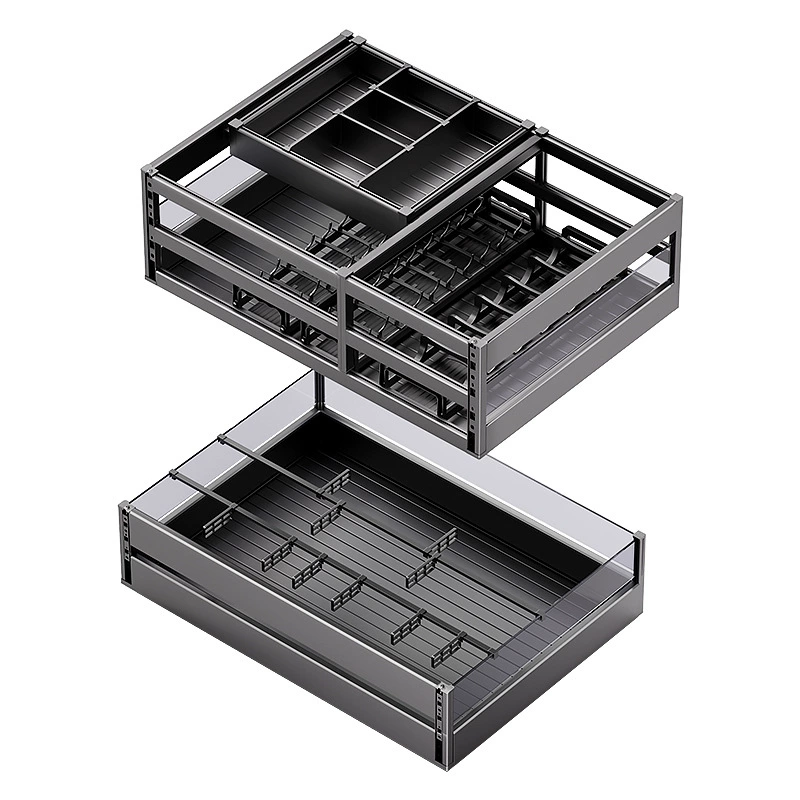 Kitchen multi-layer household multi-function cabinets, double-layer aluminum alloy bowls, dish, pots and utensils storage basket, drawer-type special pull basket
