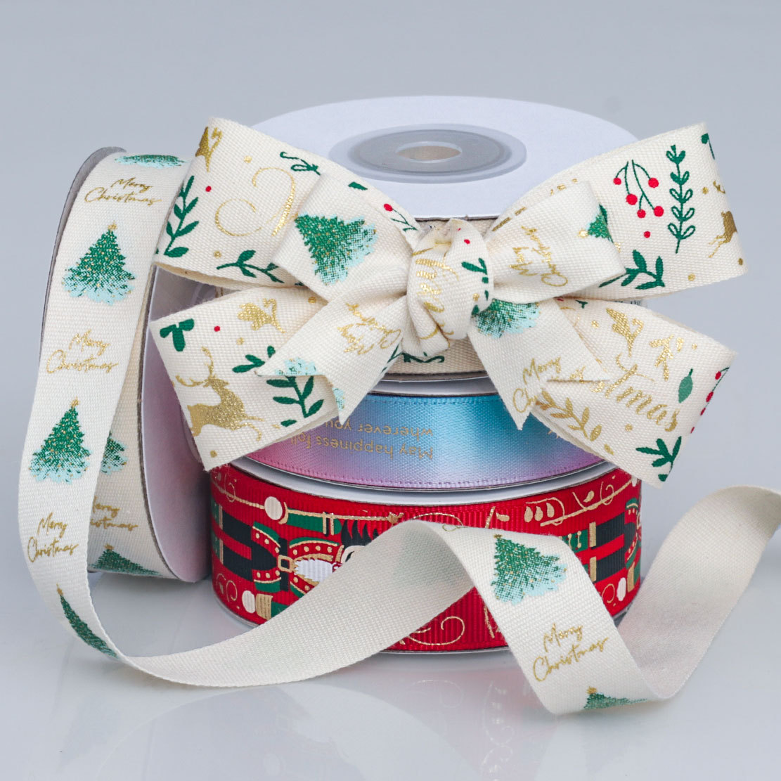 cross-border christmas bronzing printed cotton tape rib ribbon christmas tree ceiling decorative colored ribbon gift silk ribbons colored ribbons