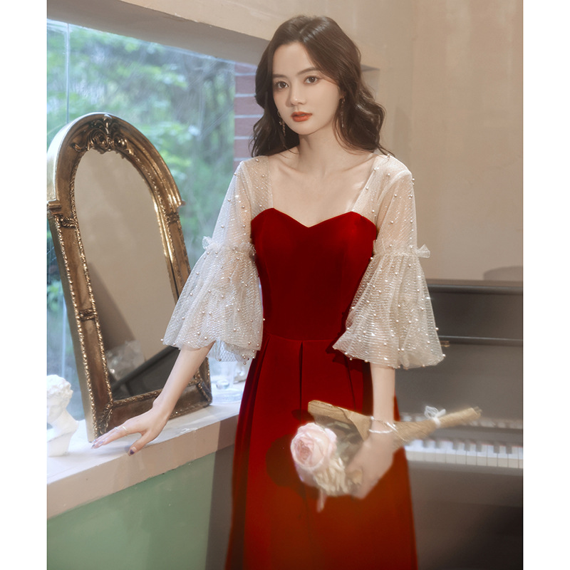 Bridal Toast Dress 2026 New Burgundy Mid-Length French-Style Dress Socialite Fairy-Like Engagement Evening Dress Autumn
