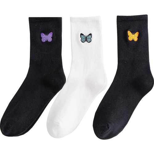 Women's Long Socks with Middle Calf Ins Trendy Korean Style Pure Cotton Butterfly Embroidered High Calf Socks for All Seasons